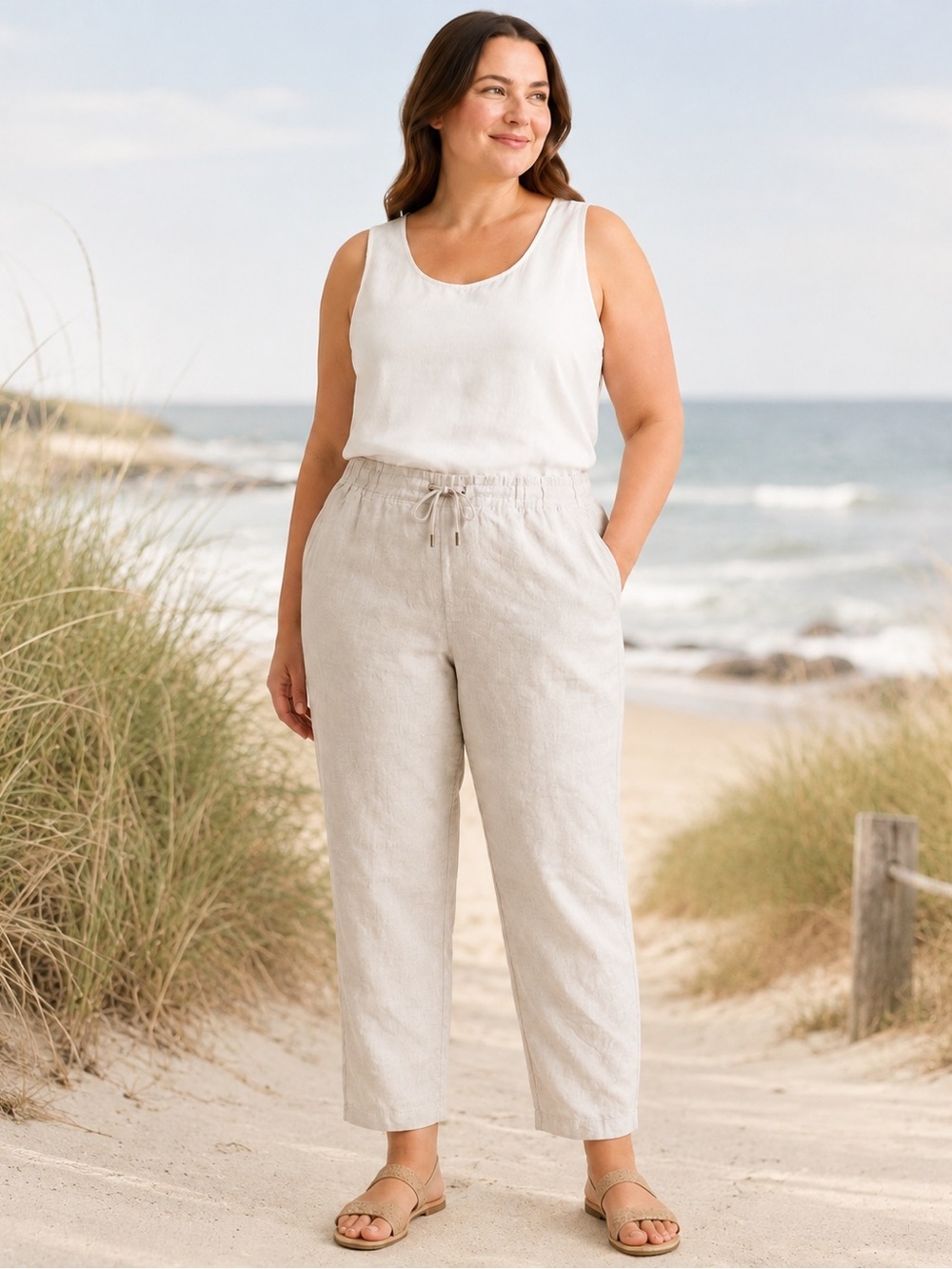 L.L. Bean Cropped Drawstring Linen Pants in Light Beige